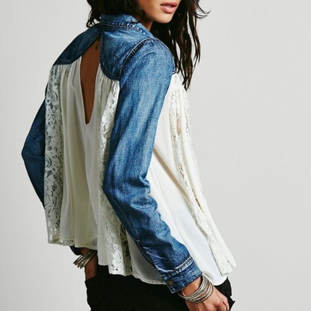 Free People Sheer Chiffon Lace Swing Denim Open Keyhole Back Top Size S